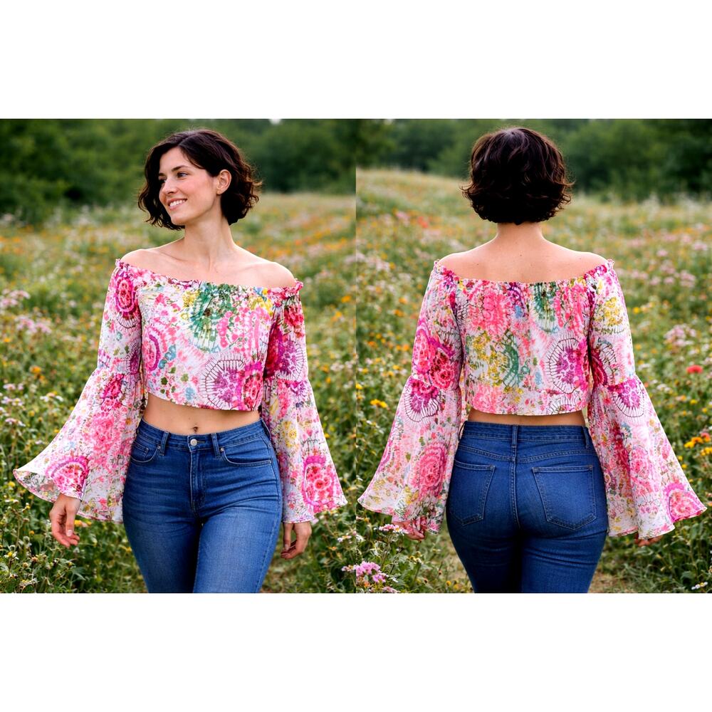 Live 4 Truth Crop Top with Exaggerated Bell Sleeves  Floral Size S
